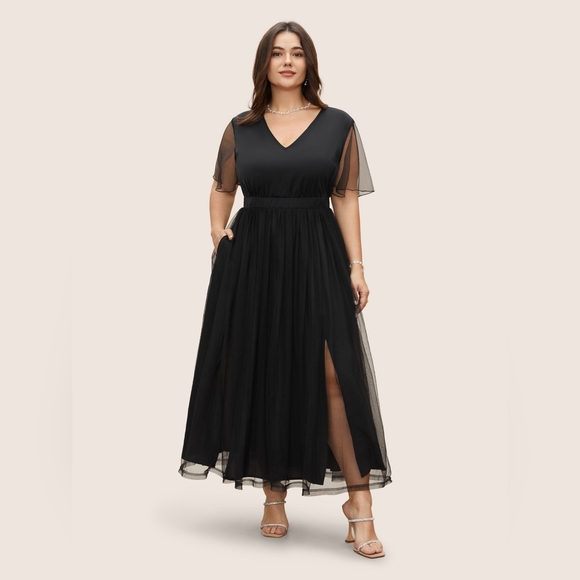 NEW NWT Bloomchic Plus Size VNeck Black Mesh Split Hem Maxi Dress Size 3X (22/24 - Picture 3 of 10